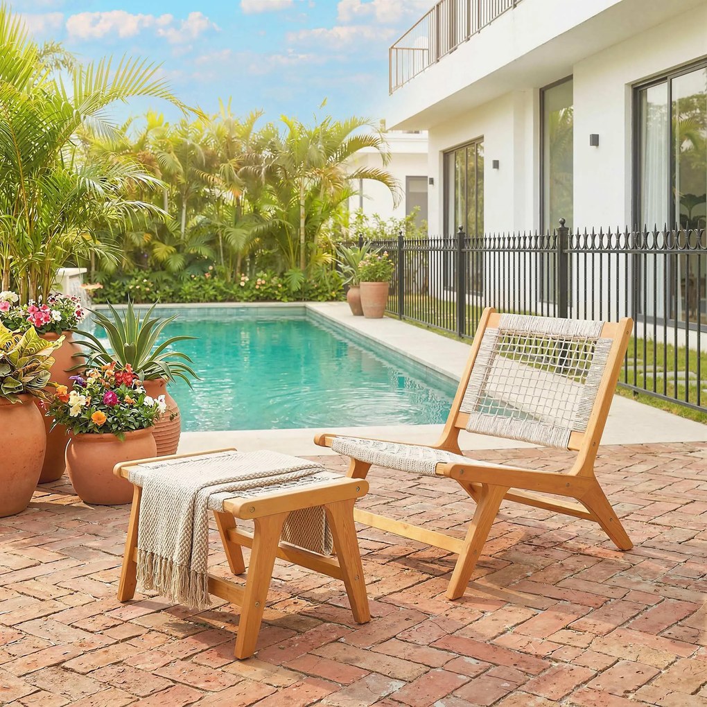 Outsunny Fotel ogrodowy z podnóżkiem 2-częściowy FSC Drewno akacjowe Fotel wypoczynkowy z siedziskiem rattanowym Styl boho Regulowane nóżki | Aosom PL