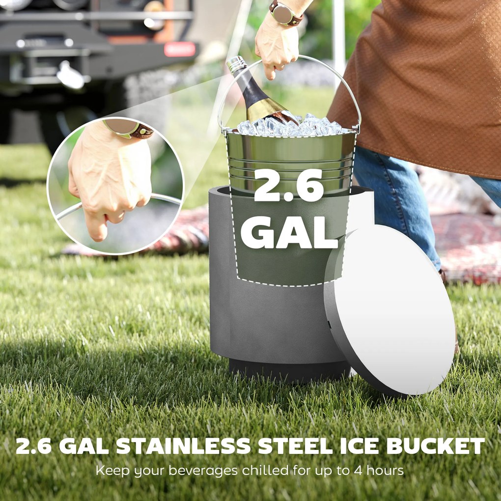 HOMCOM Stolik zewnętrzny, Stolik pomocniczy z chłodziarką, Wiaderko na lód, Jasnoszary