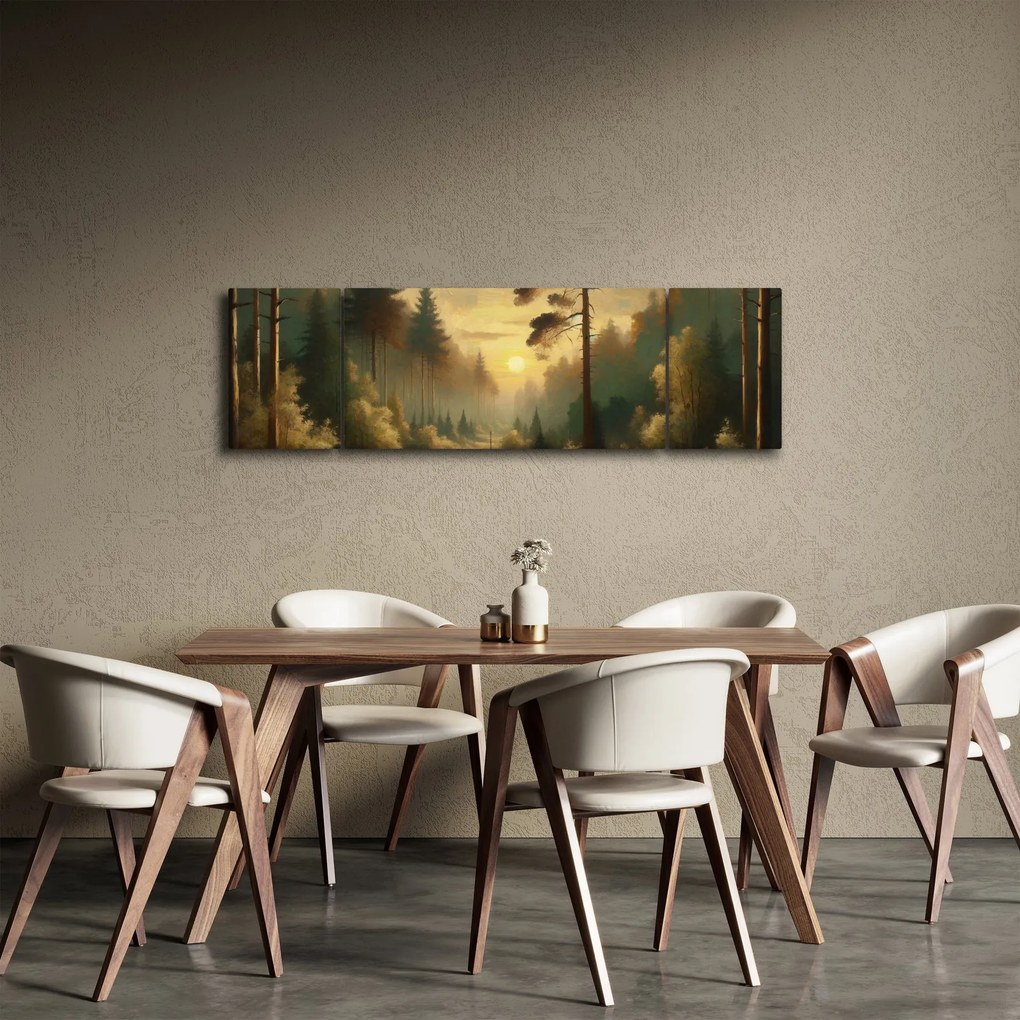 Obraz - Słońce świecące przez las (170x50 cm)
