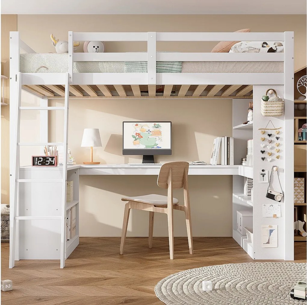 Łóżko piętrowe dla dzieci - 90 x 200 cm - z półką do przechowywania + stolik - sosna + płyta wiórowa - białe