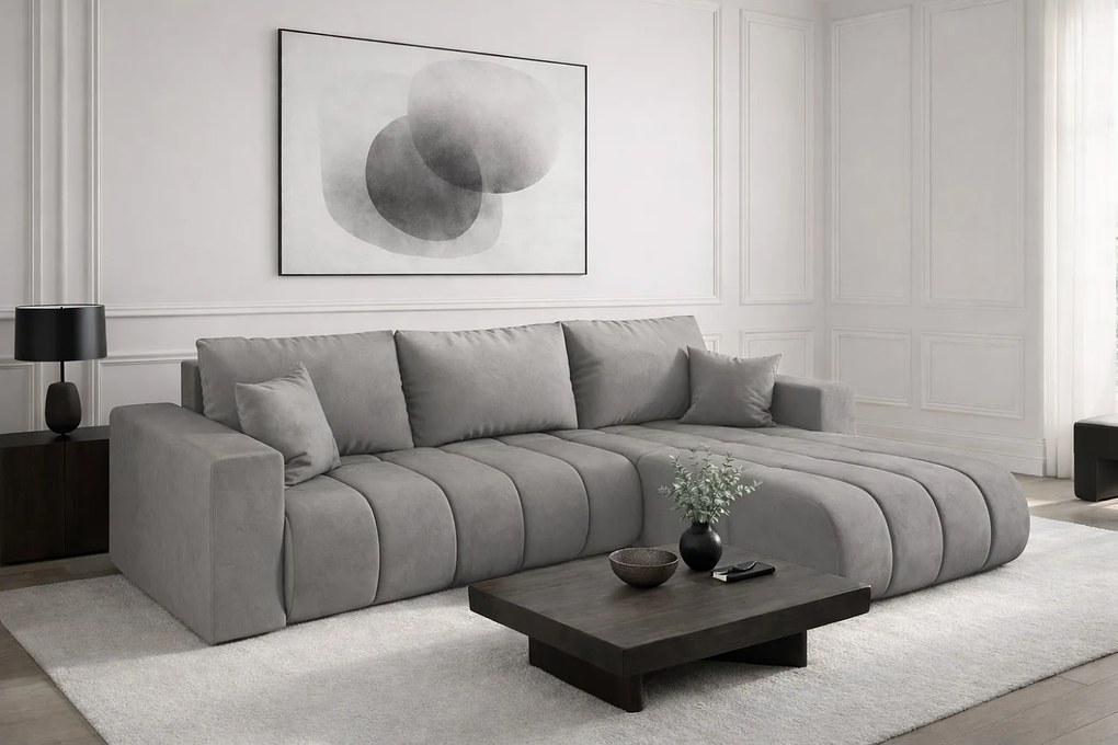 Narożnik z funkcją spania i pojemnikiem MILO PREMIUM, tkanina Monolith, Jasnoszary, Prawy