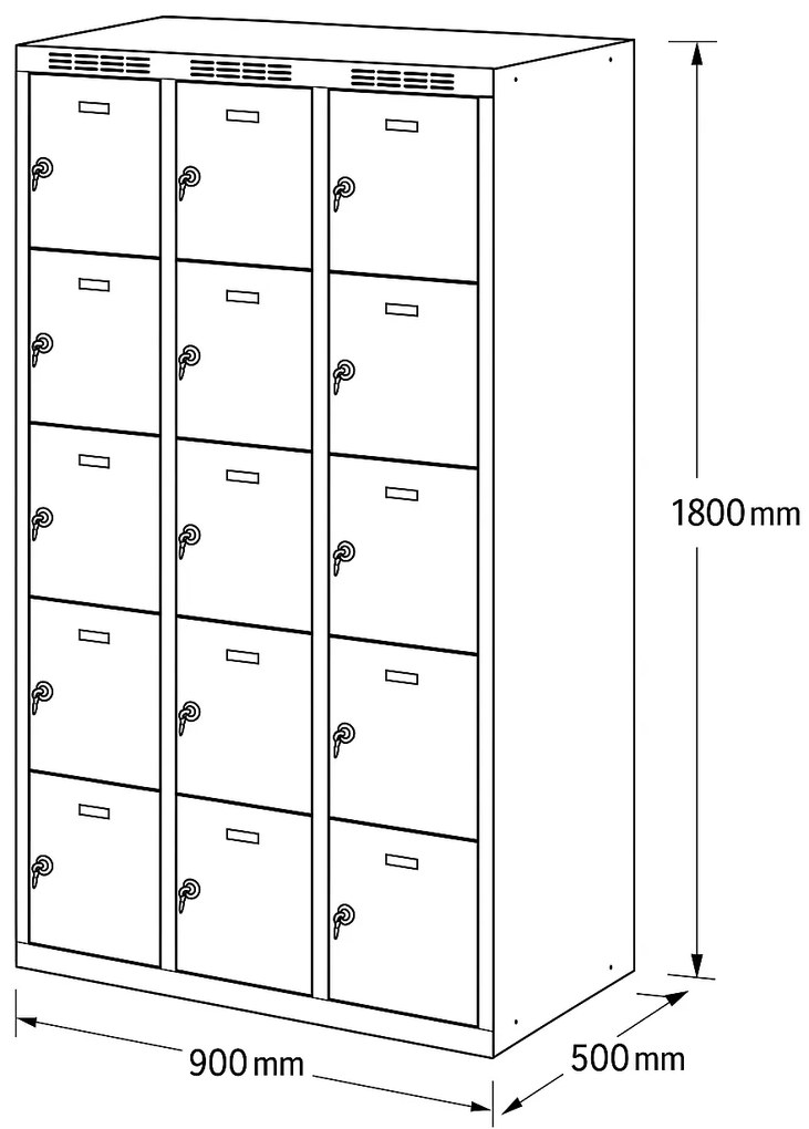 Alfa 3 Szafka skrytkowa, 15 schowków, 1800 x 900 x 500 mm, zamek cylindryczny, drzwi ciemnoszare