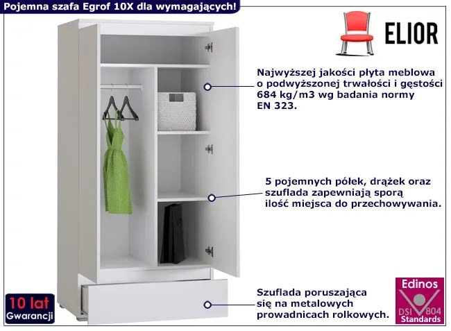 Dwudrzwiowa biała szafa z drążkiem i półkami - Elsinor 10X