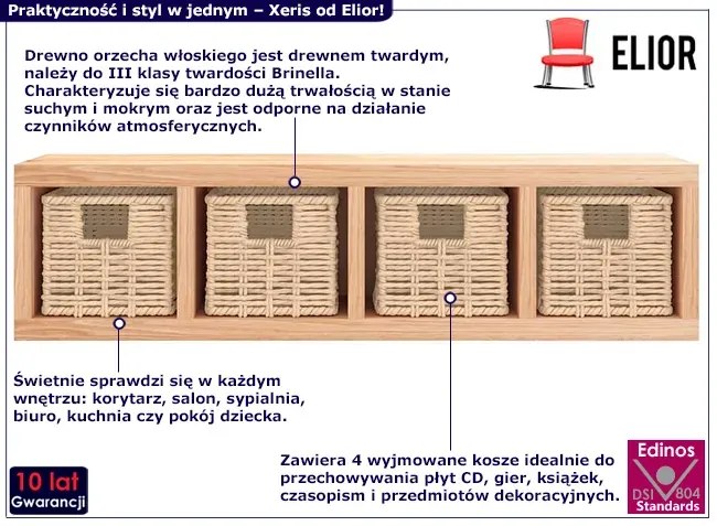 Półka drewniana ścienna z 4 koszami K4-Z74