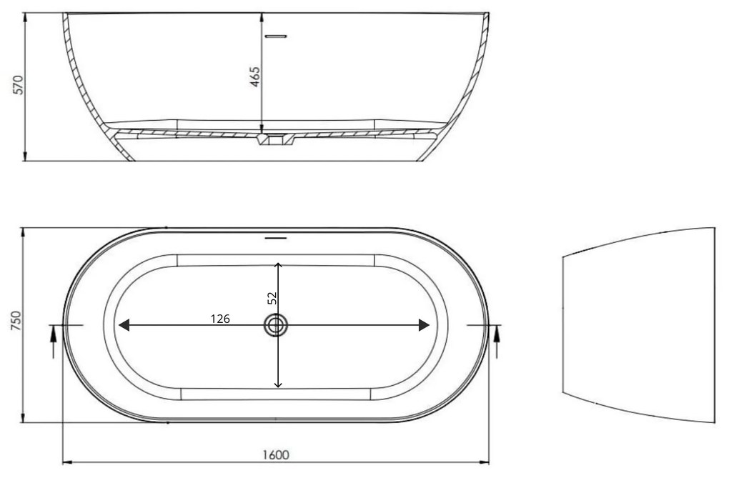 Wanna wolnostojąca owalna z konglomeratu 160 x 75 cm RONA White mat / połysk przelew typu SLIM cienki rant : Kolor wanny - Beż matowy