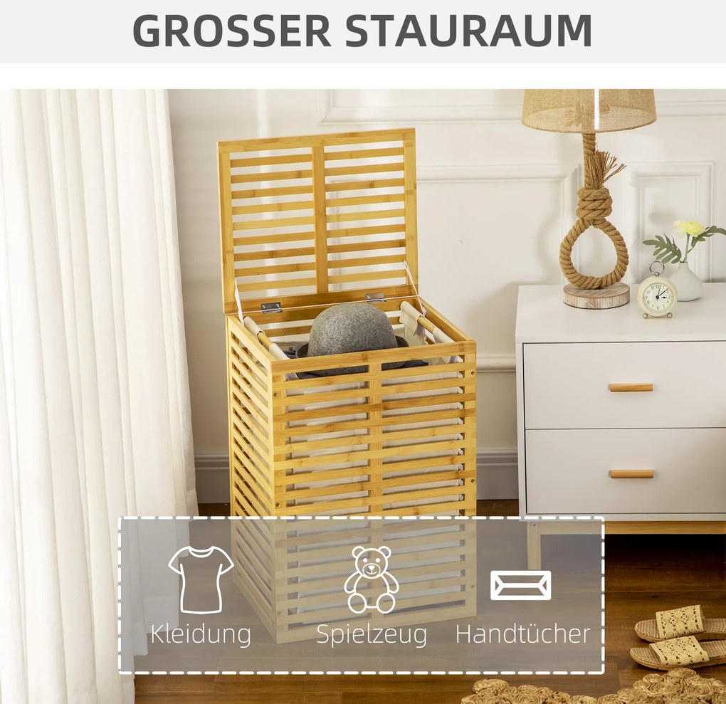 HOMCOM Kosz na Bieliznę z Bambusa 63 L z Pokrywą i Wyjmowanym Workiem 44 x 37 x 62,5 cm, Drewno Naturalne