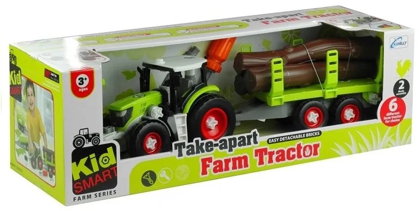 Rozkręcany traktor z przyczepą z drewnem 43 cm