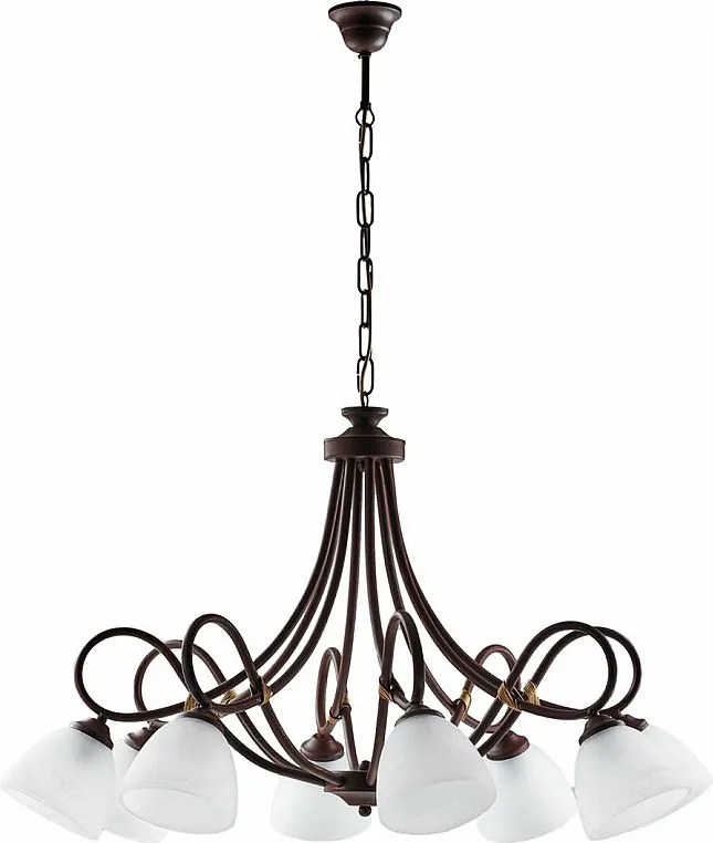 Dallas – żyrandol z czarnego lakierowanego żelaza, dekor imitujący rdzę, stare złoto, białe klosze alabastrowe Ø13 cm, klasyczny styl, 8 świateł