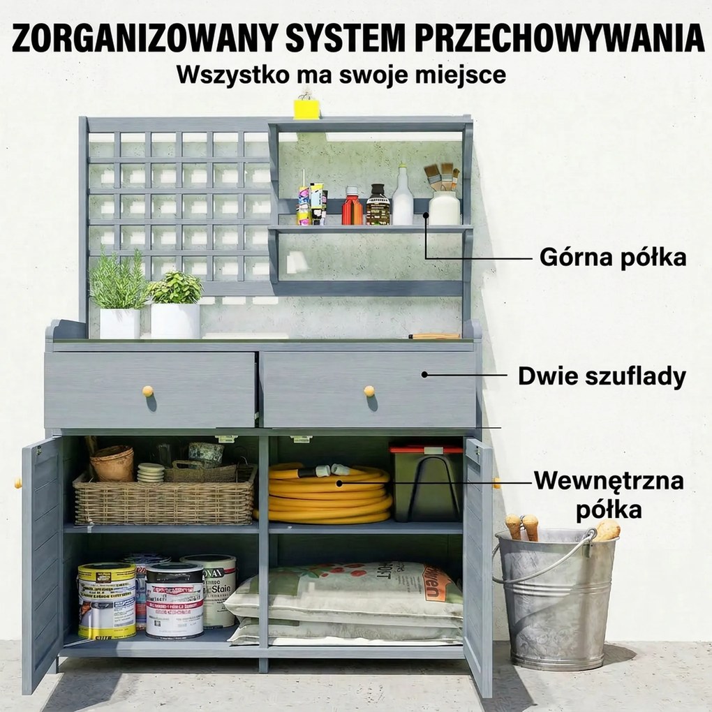 Outsunny Stół do sadzenia z szafką na zewnątrz, drewno, szafka ogrodowa z ocynkowaną powierzchnią roboczą, 2 szuflady, 104x44x140 cm jasnoszary | Aosom PL