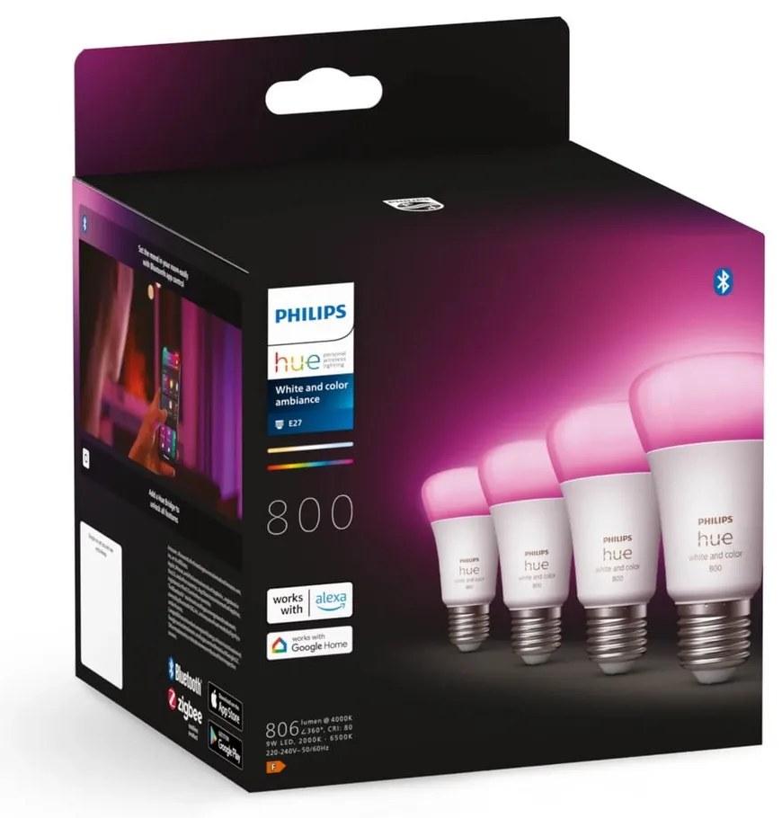 Inteligentne żarówki LED z gwintem E27, 9 W zestaw 4 szt. White and color ambiance – Philips Hue