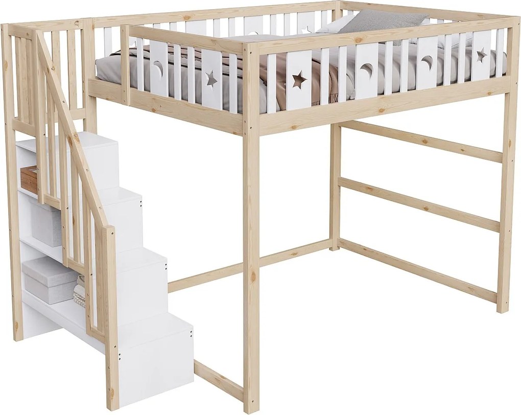 Łóżko piętrowe dla dzieci - 140 x 200 cm - ze schowkiem w klatce schodowej + barierka zabezpieczająca - drewno + MDF - kolor biały + naturalny