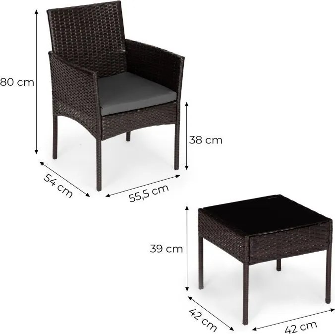 Mały zestaw mebli balkonowych dla 2 osób Riviera 824, technorattan ciemnobrązowy