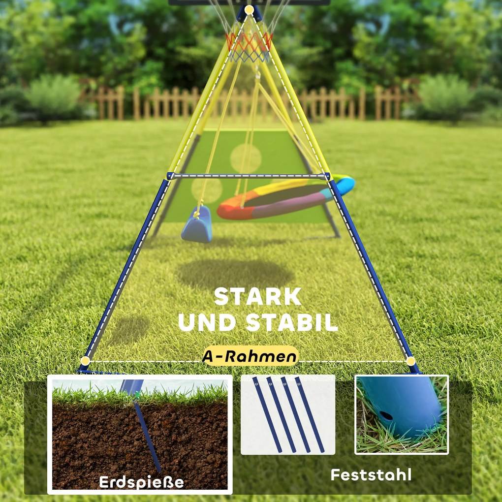 AIYAPLAY Stelaż huśtawki 4 w 1 - zestaw do 150 kg z huśtawką gniazdo, koszem do koszykówki, bramką do piłki nożnej i huśtawką typu U 288 x 160 x 220 cm | Aosom PL