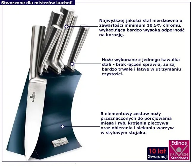 Nowoczesny kompet 5 noży w bloku morski 60cm S8-A22