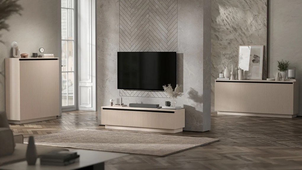 Ryflowana komoda z szafkami i szufladami Selene 3D3SZ, kolor kaszmirowy