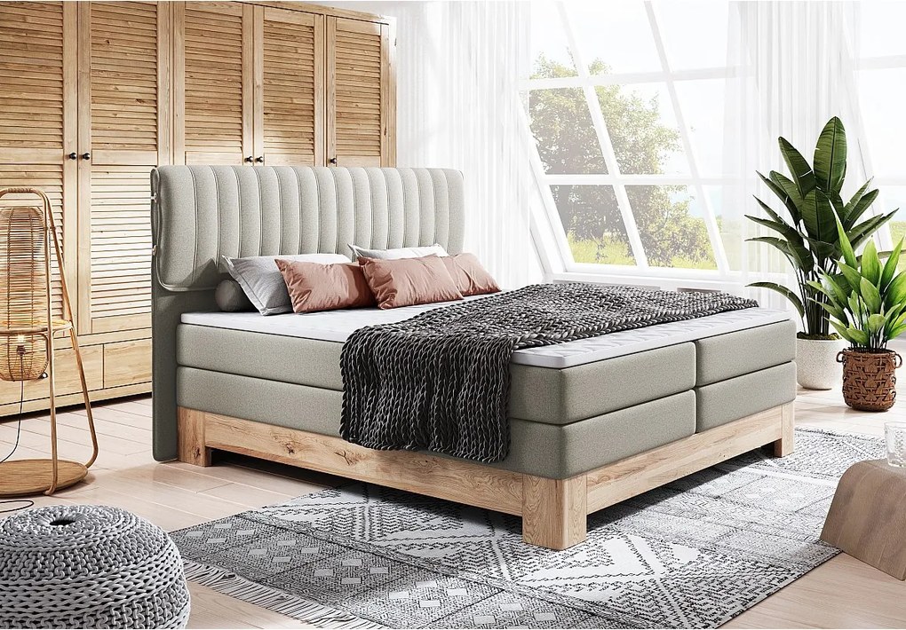 MELIA, Łóżko Tapicerowane na sprężynach kieszeniowych, rama dębowa, elastyczny materac, powierzchnia spania: 140x200 cm, jesion