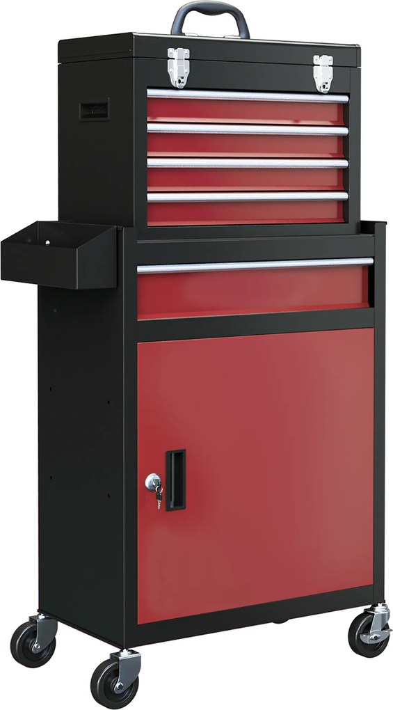 HOMCOM Mobilna szafka narzędziowa, stabilna z górną skrzynką narzędziową i szufladami, zamykana, metal, czarno-czerwona