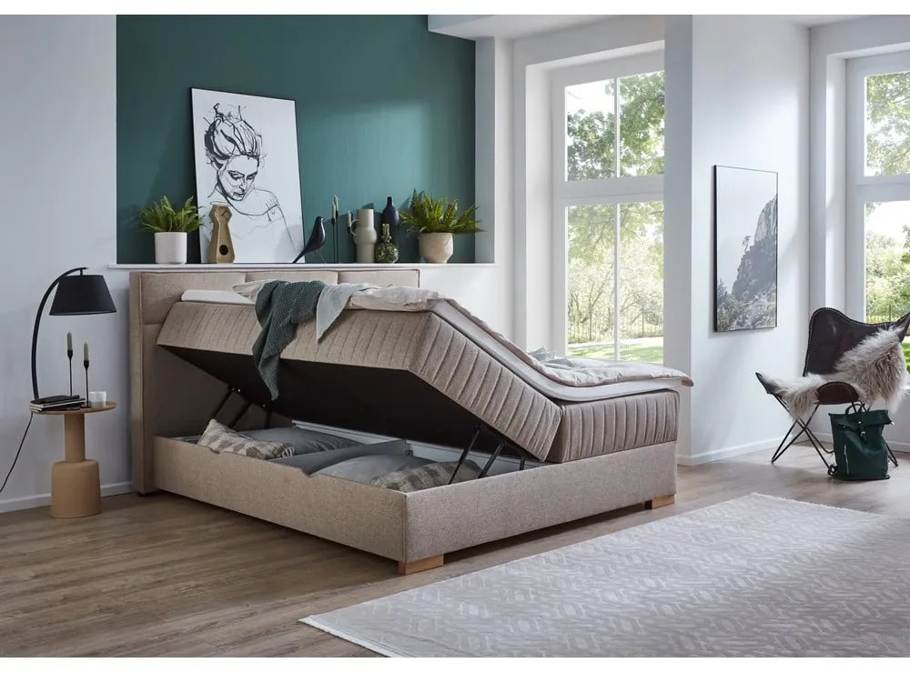 Beżowe łóżko boxspring ze schowkiem 160x200 cm Tambo – Meise Möbel