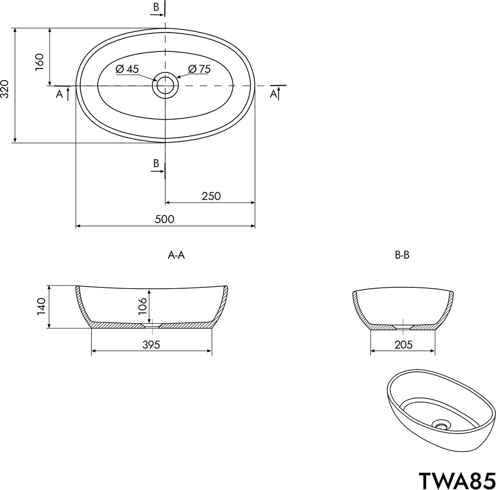 Umywalka nablatowa TWA85