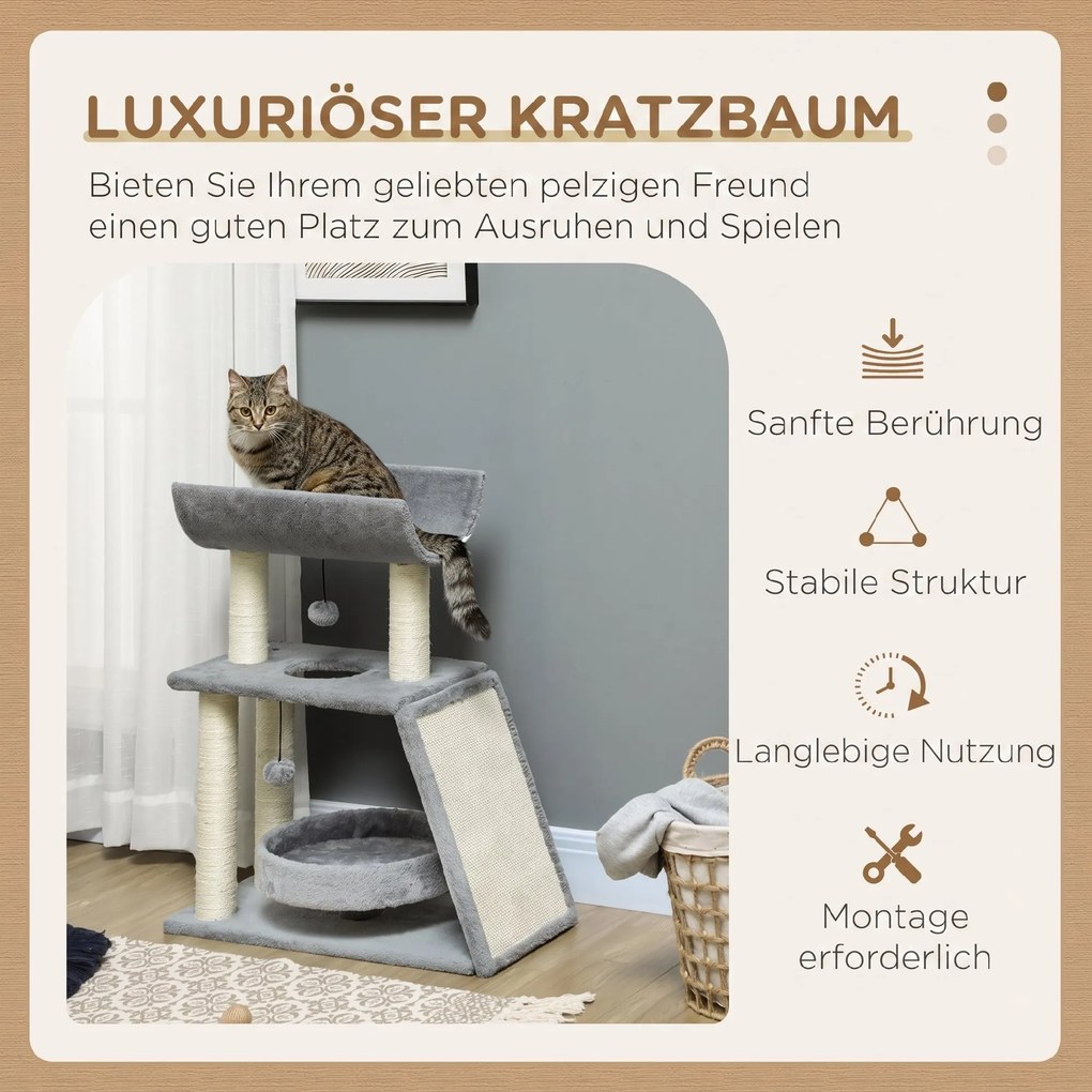 PawHut Drapak dla kota, w zestawie zabawka i legowisko, 60 cm x 30 cm x 76 cm, jasnoszary | Aosom PL