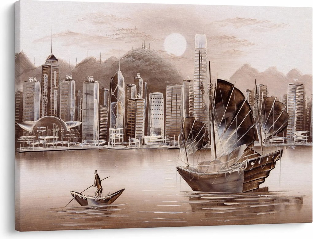 Obraz - Victoria Harbor, Hongkong, efekt sepii (70x50 cm)