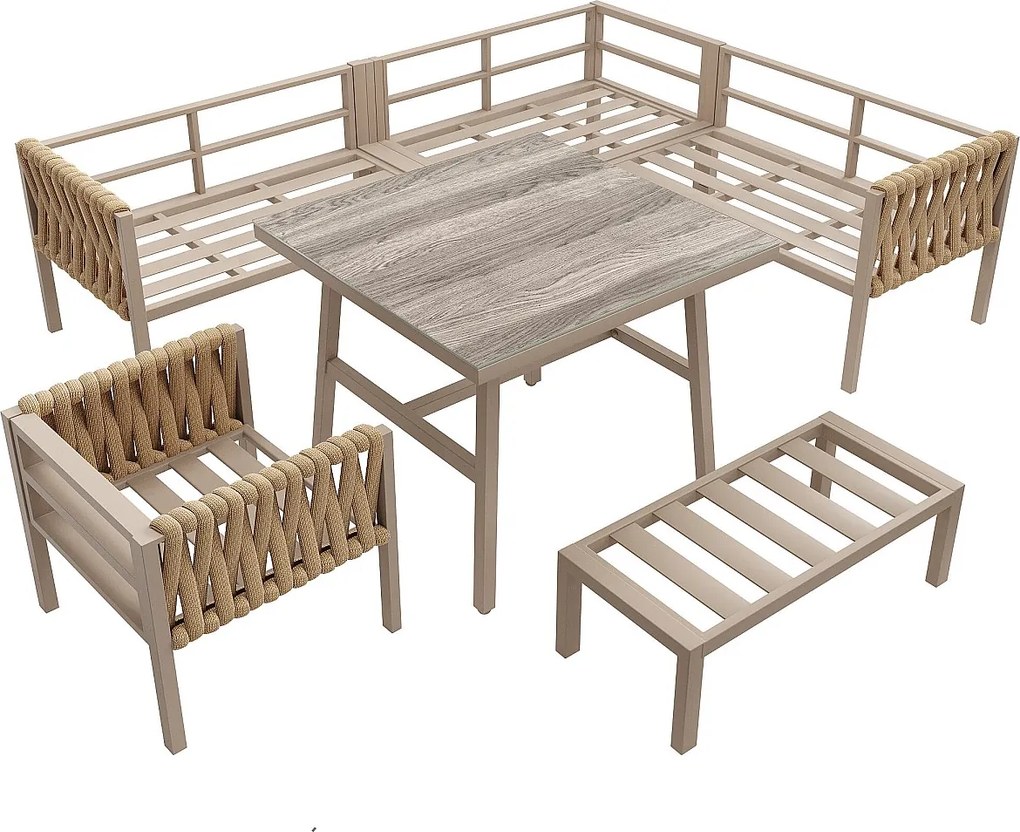 Zestaw mebli ogrodowych - z liną - z galwanizowanej stali, regulowane nogi, narożna sofa, 1 fotel, 1 stołek, beżowy