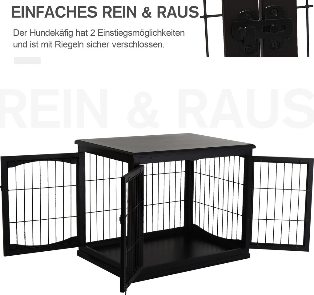 Pawhut Klatka dla Psa do Domu 2 Drzwi Zwierzęta Domowe MDF Metal Czarna, 58,5 x 81 x 66 | Aosom PL