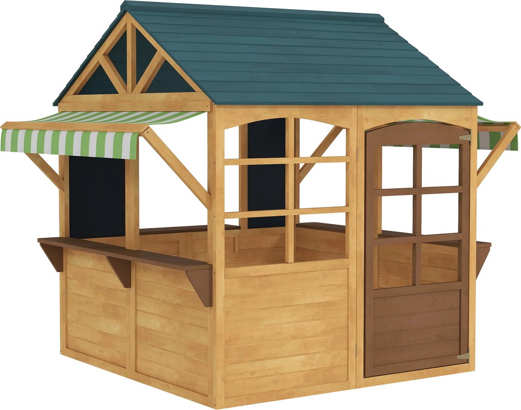 AIYAPLAY Drewniany domek do zabawy Tannenholz, Składany domek z oknami, drzwiami, dla dzieci w wieku 3-8 lat, Brązowy+Niebieski