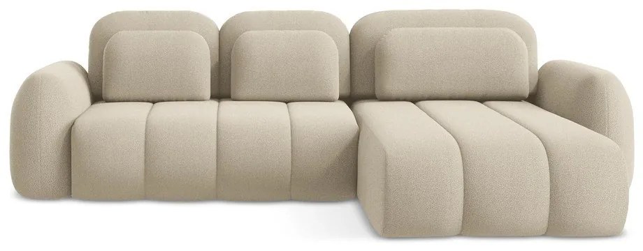 Jasnobrązowy rozkładany narożnik z materiału bouclé ze schowkiem (prawostronny/z szezlongiem) Pele – Makamii