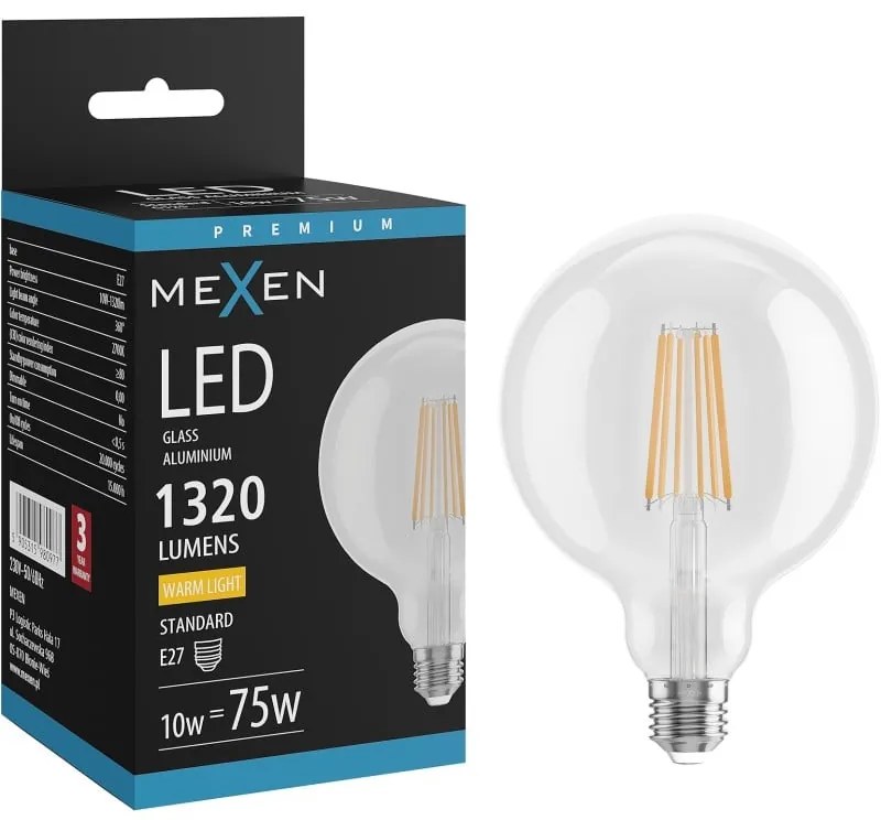 Mexen Vintis żarówka filament LED E27, G125, 10W, Ciepła - 2700K, 1320 lm, clear - L158-E27-1027-00