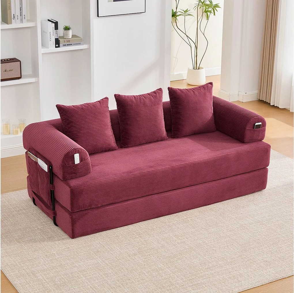 Sofa 3-osobowa rozkładana - 200 x 94 x 67 cm - z kieszeniami bocznymi + 3 poduszki - aksamit - czerwona