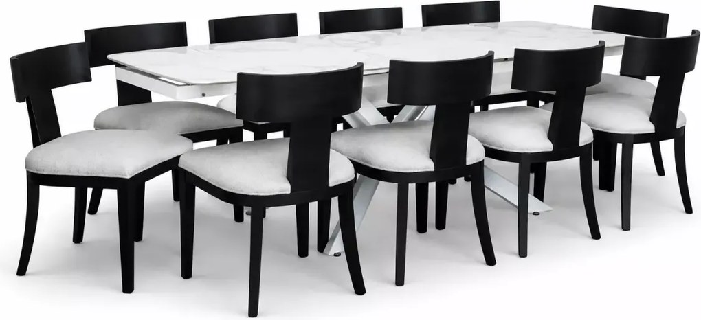 Duży rozkładany stół ceramiczny 240/160cm do jadalni sali konferencyjnej jasny granit i biała podstawa