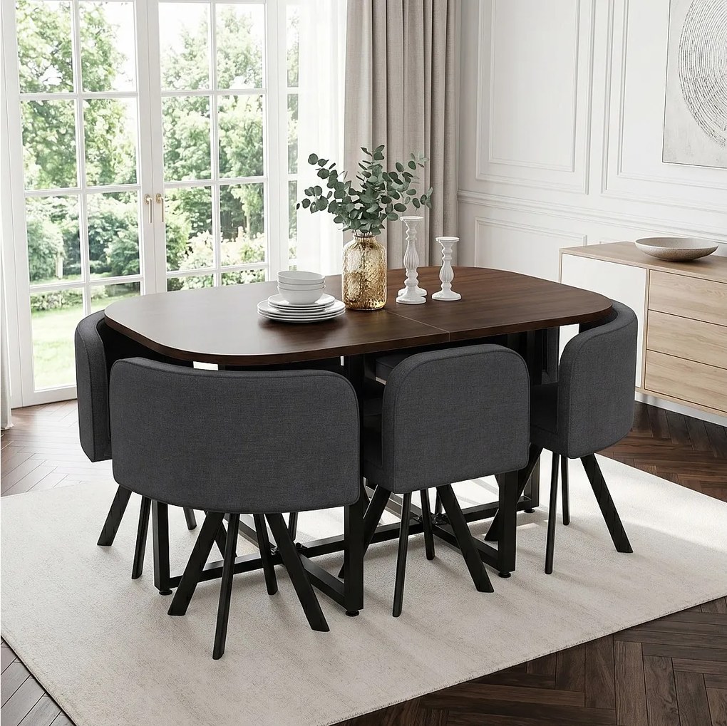 Zestaw stół i krzesła 7-częściowy - 1 stół (140 x 90 cm) + 6 krzeseł - Len + Płyta MDF - szary + brązowy