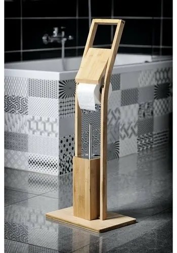AQUALINE BI026 Bambusowy stojak z uchwytem napapier toaletowy i szczotkę do WC, kwadratowy