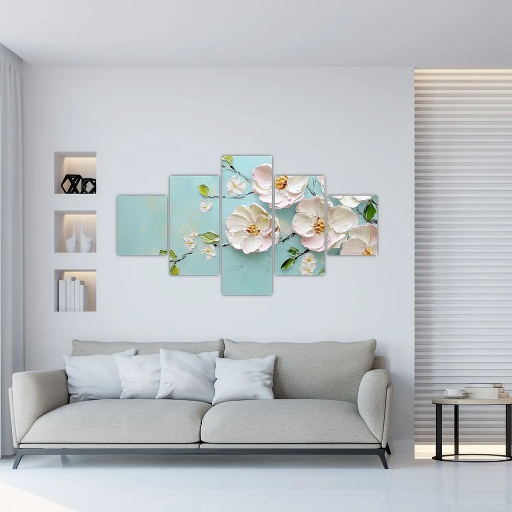 Obraz - Kwiatki na niebieskim tle (125x70 cm)