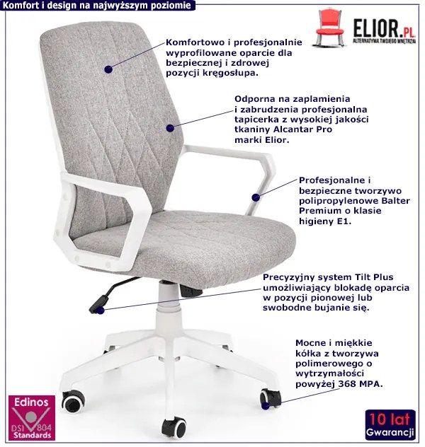 Minimalistyczny fotel biurowy materiałowy Rexor - popielaty + biały