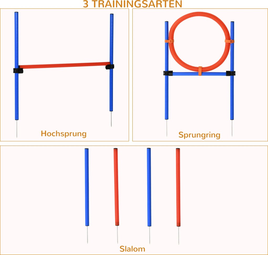 PawHut Zestaw Agility dla Psów Slalom i Obręcz Treningowa Zabawa i Ćwiczenia Wysokość 86cm Niebieski Czerwony | Aosom PL