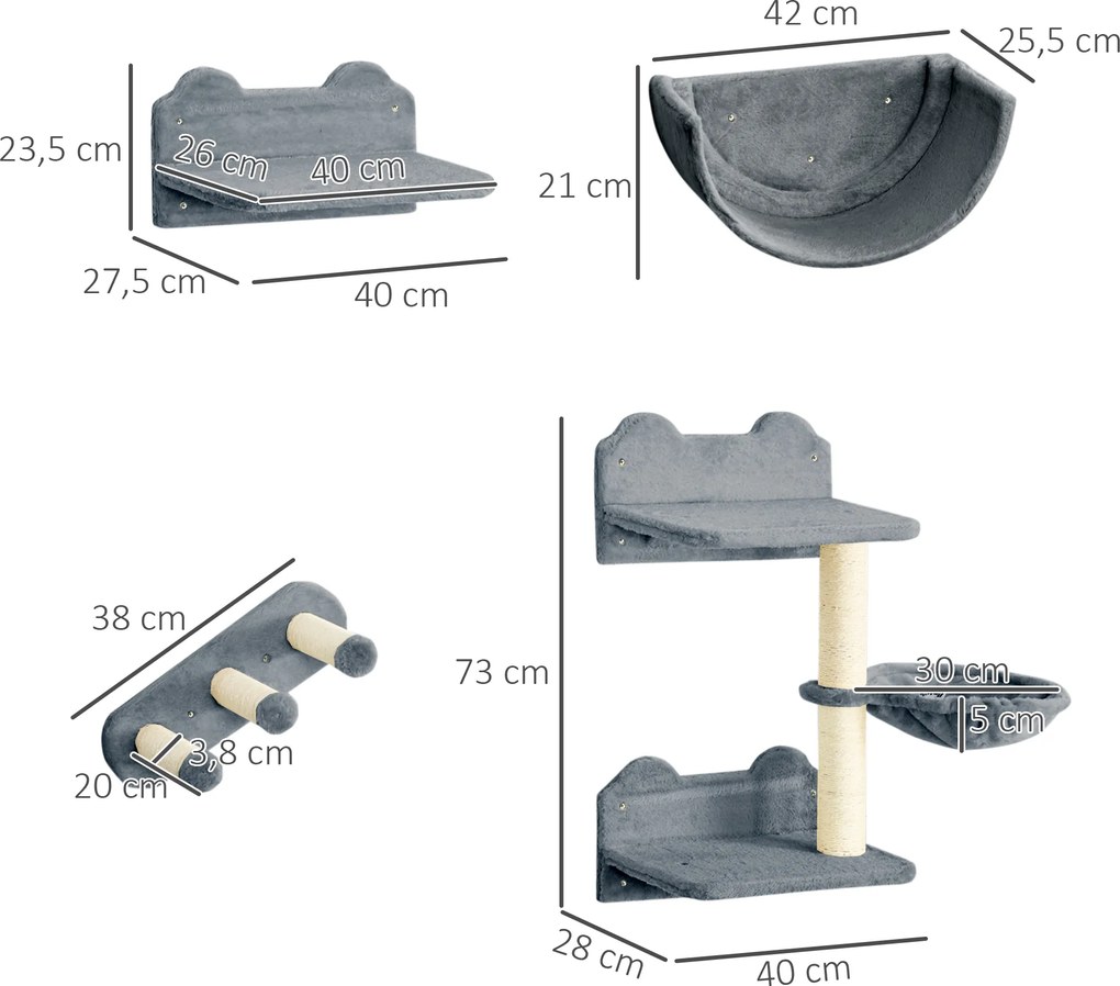 PawHut Zestaw do Wspinaczki dla Kotów, Hamak, Drapak, Platformy, Plusz, Sizal, Szary