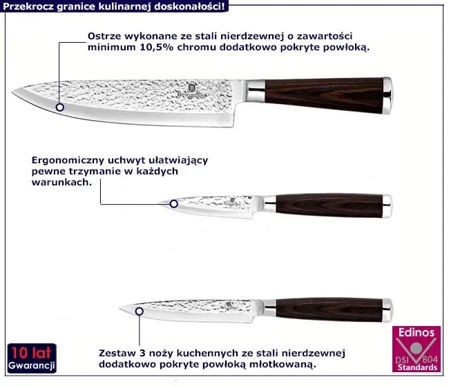 3 sztuki noży ze stali nierdzewnej z młotkowaną powłoką S1-M55