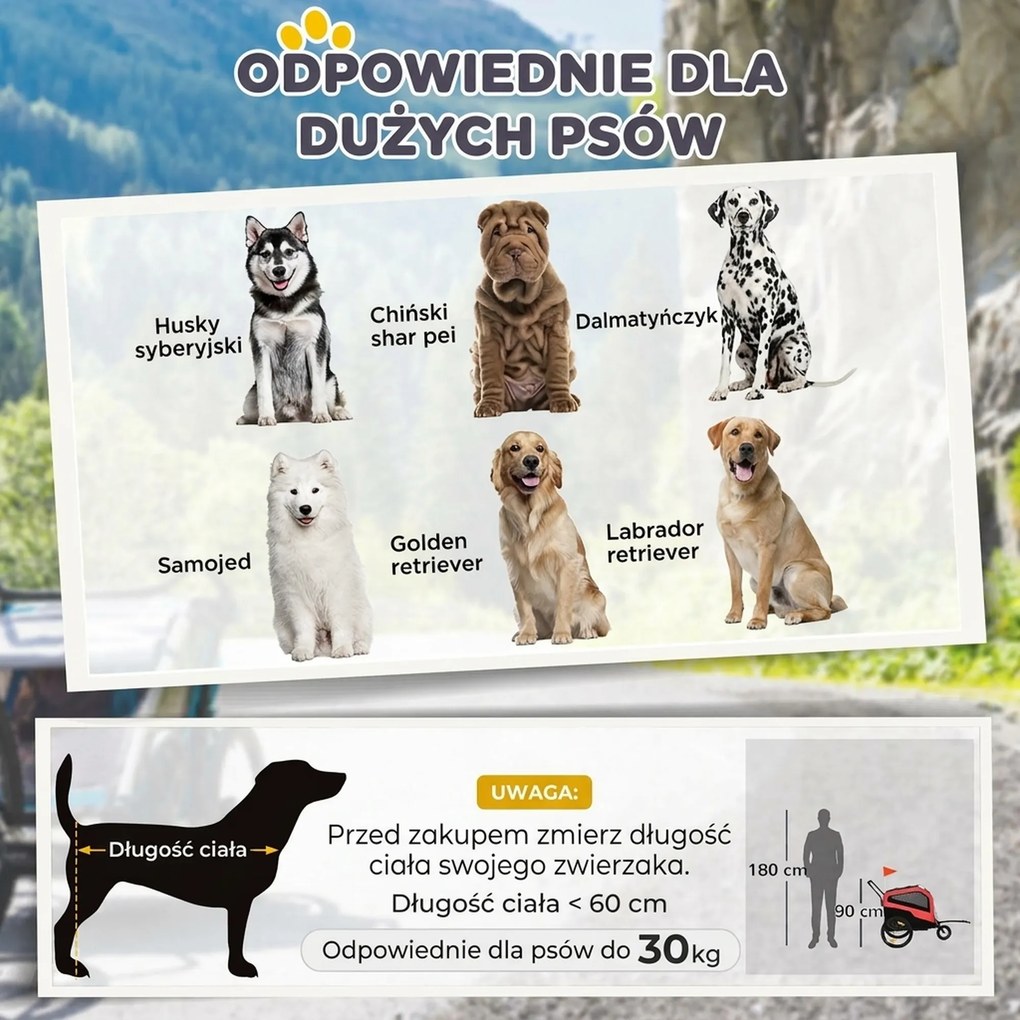 PawHut Przyczepa rowerowa dla dzieci, z odblaskami, 1 flaga, 170 cm x 77 cm x 90 cm, Czerwony