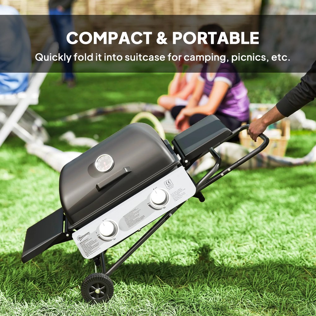 Outsunny Grill gazowy 5,6 KW z wózkiem wliczając 2 palniki ze stali nierdzewnej, składane boczne półki, kółka 101 x 50 x 102 cm Czarny