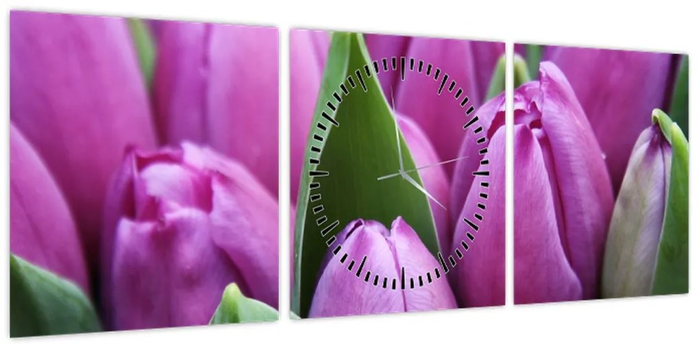 Obraz - kwiaty tulipanów (z zegarem) (90x30 cm)