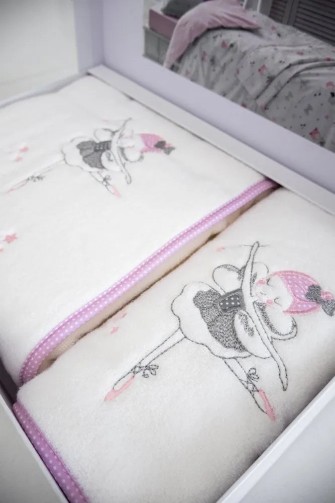 Podarunkowy zestaw ręczników dla dzieci MISS BALLERINA, 2 szt Śmietankowy / Różowy haft Zestaw (ręcznik 50x90cm, ręcznik 70x130cm)