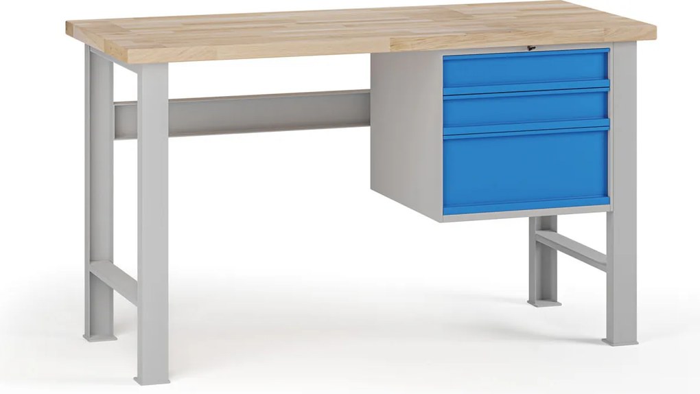 Stół warsztatowy G7, blat bukowy, 1500 x 685 x 840 mm, 1x kontener, 3x szuflada, niebieski