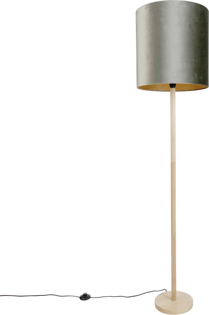 Drewniana lampa podłogowa z zielonym aksamitnym abażurem 40 cm - Mels