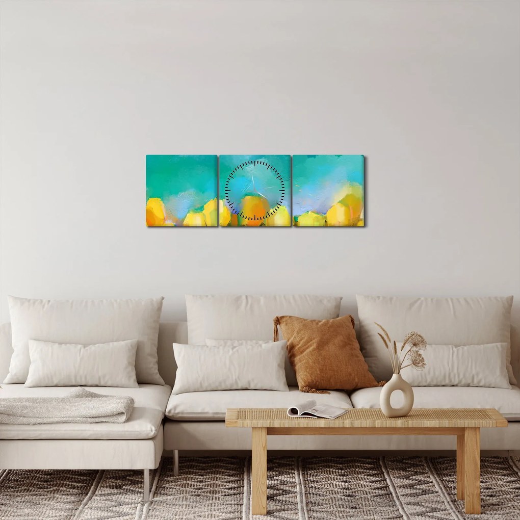 Obraz żółtych tulipanów (z zegarem) (90x30 cm)