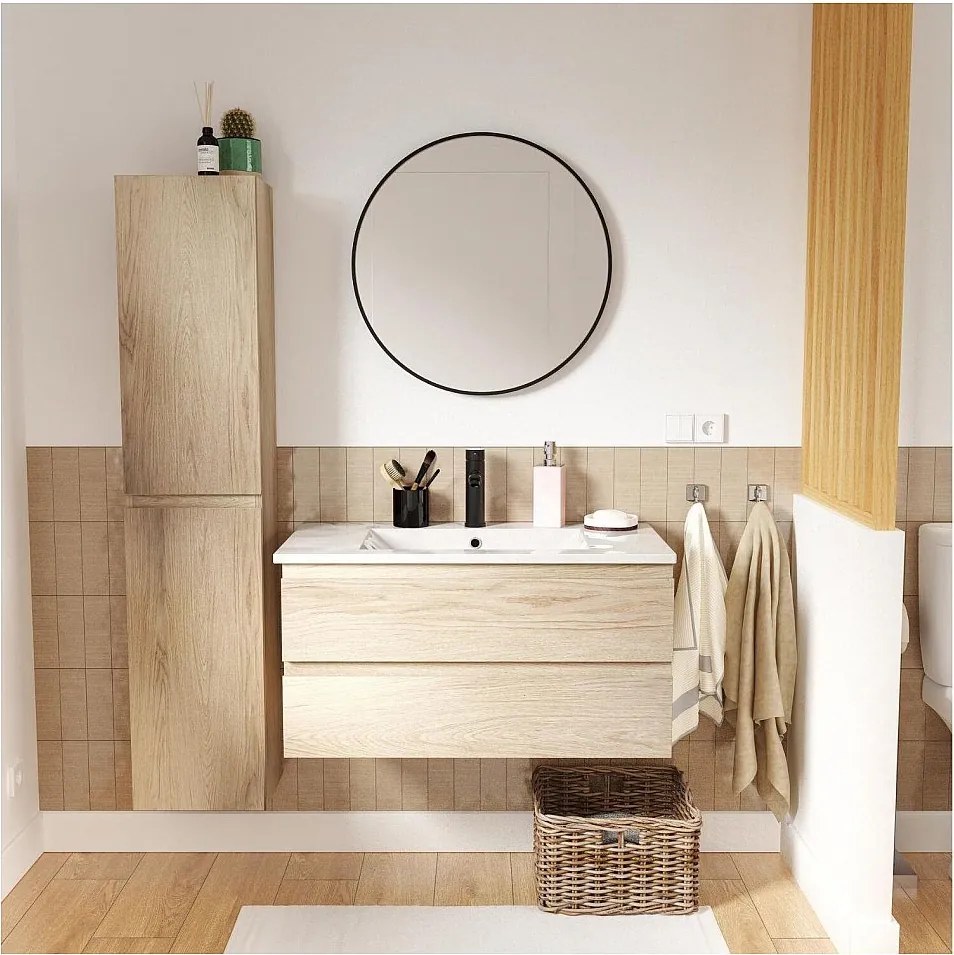 Szafka pod umywalkę 80 cm z ceramicznym blatem, baterią, lustrem i kolumną SORRENTO