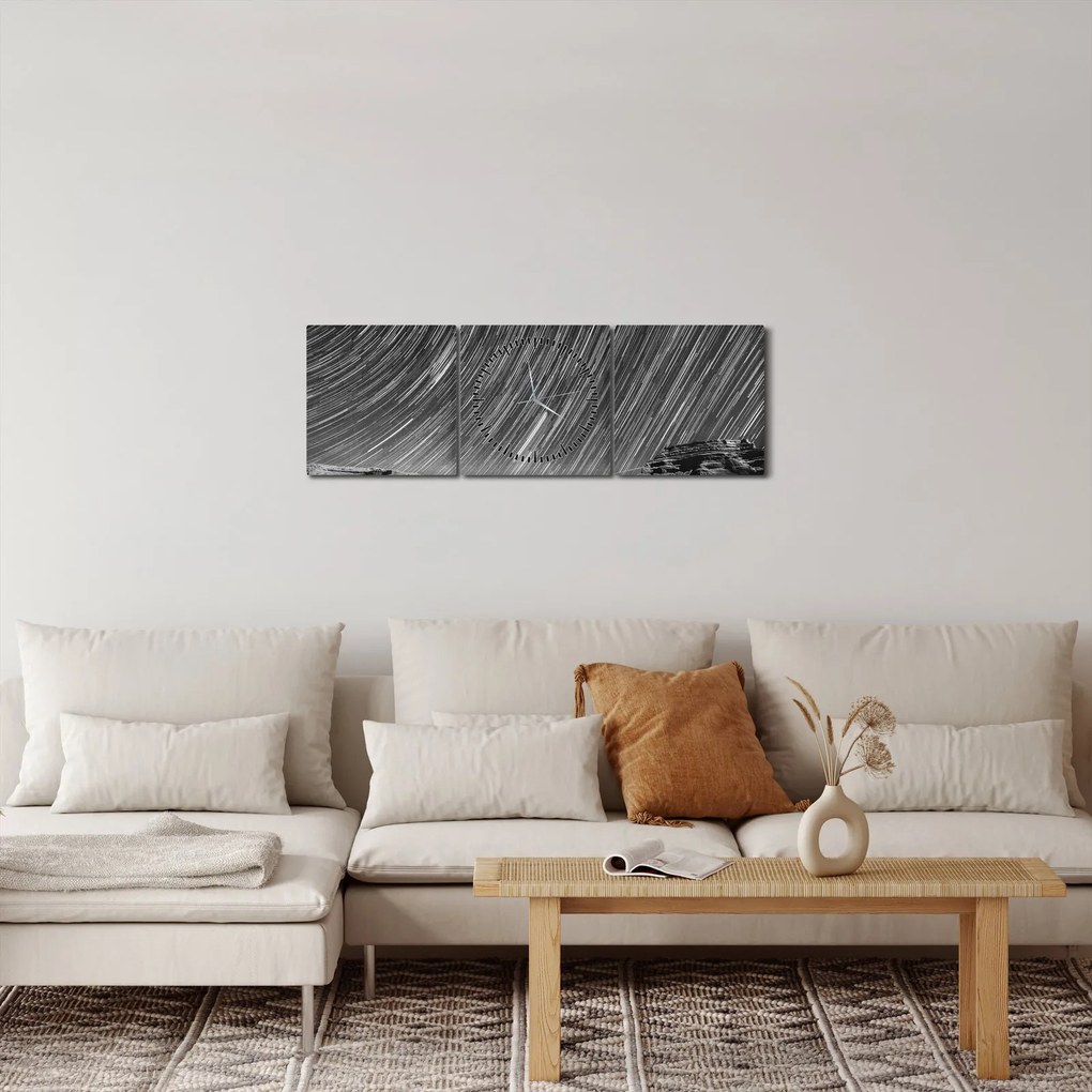 Czarno - biały obraz gwiaździstego nieba (z zegarem) (90x30 cm)