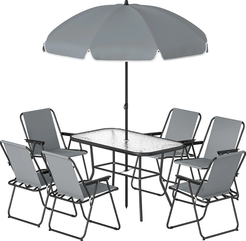 Outsunny Zestaw Mebli Ogrodowych 119 x 68 cm Stół ze Szkła z 6 Składanymi Krzesłami Parasol Wzór Wodny Szary | Aosom PL