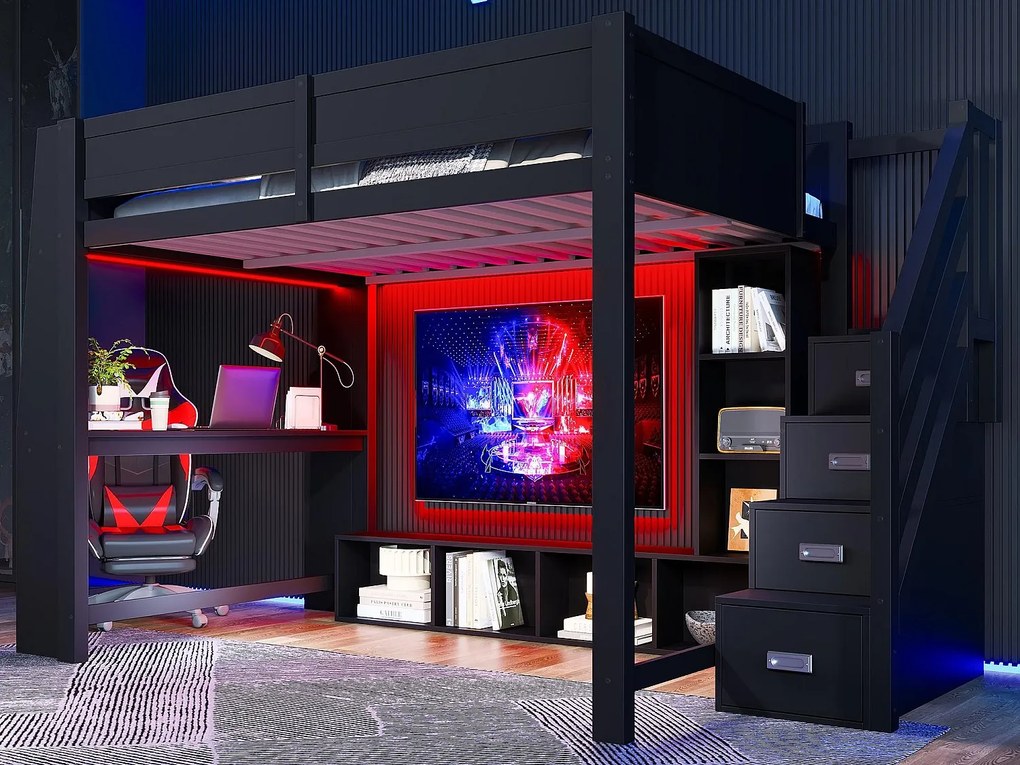 Łóżko na antresoli 140x200cm - z oświetleniem LED - z biurkiem - Drabinka schodkowa z miejscem do przechowywania - MDF - Czarny (materac nie jest wliczony w cenę)